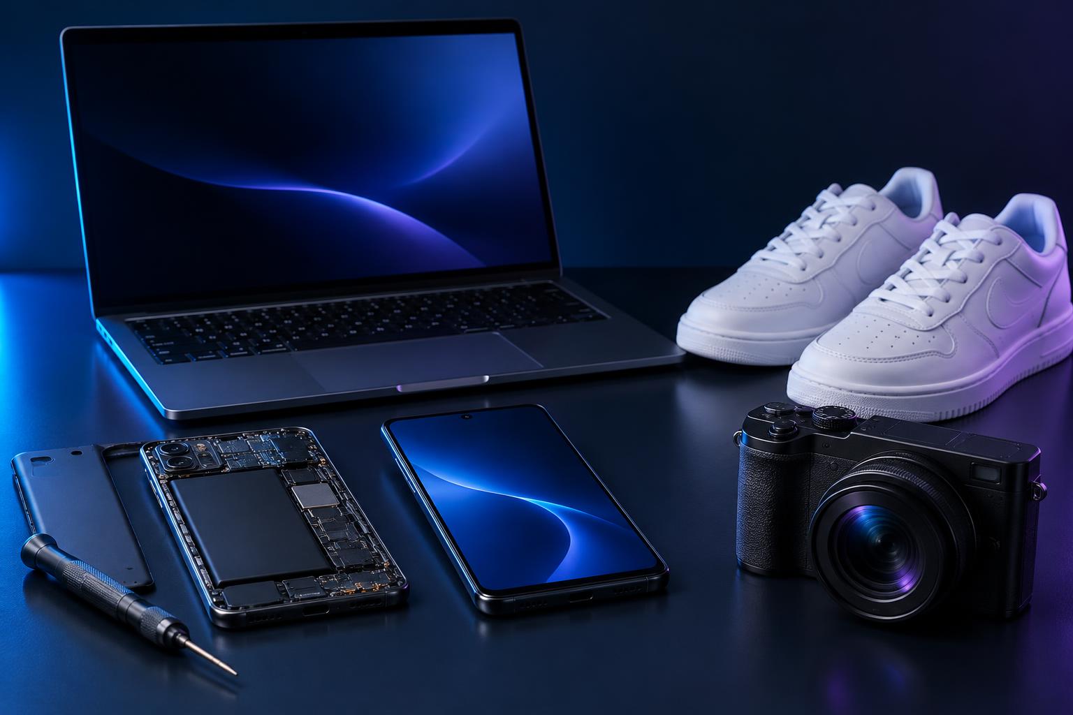 Electronics repair tools, smartphones, laptop, digital camera and footwear